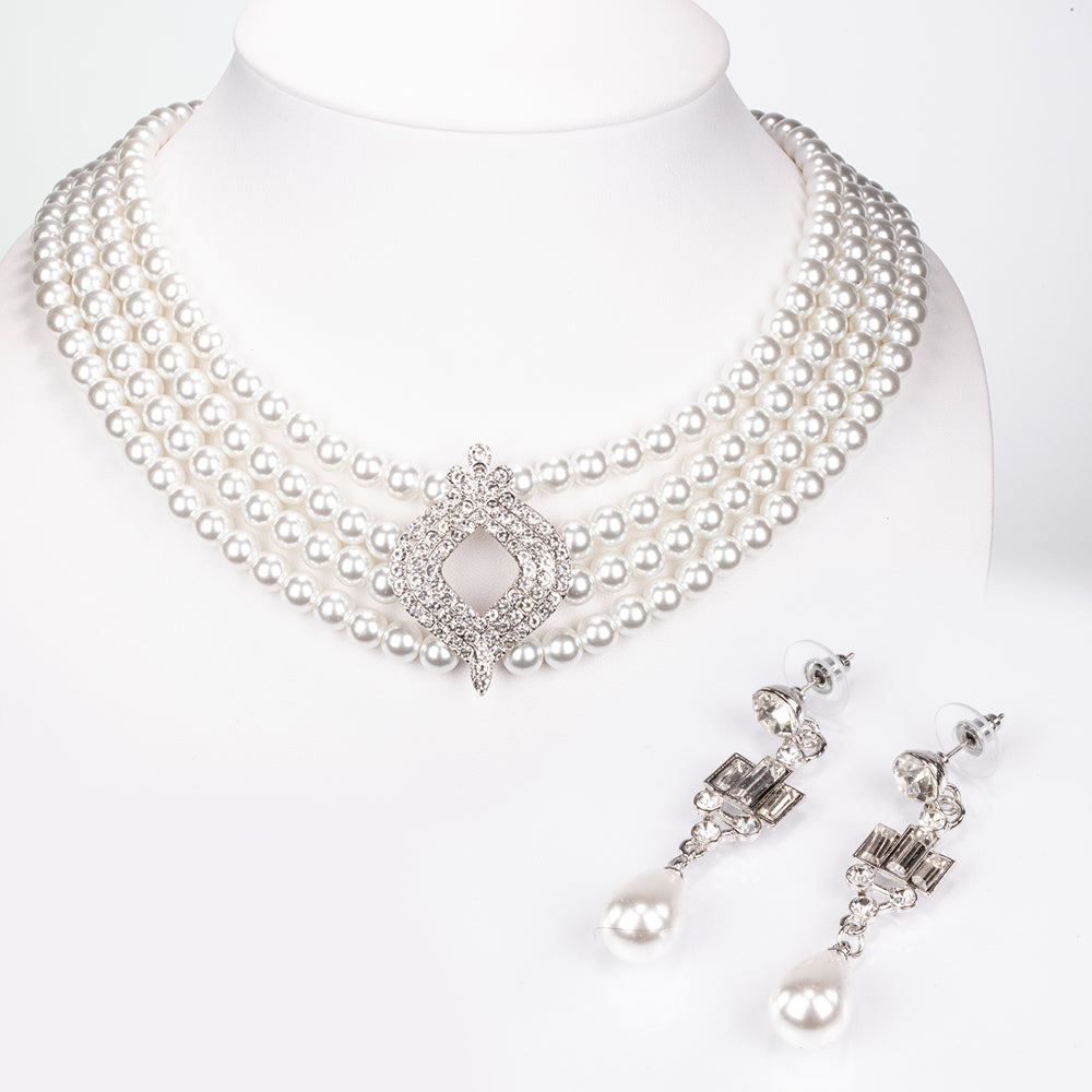 Set din Aliaj Placat cu Aur ( 20 grame ) cu Perlă de cristal și Cristal Alb Emporia® 442.7 Carate ( Colier+Cercei ) 1 