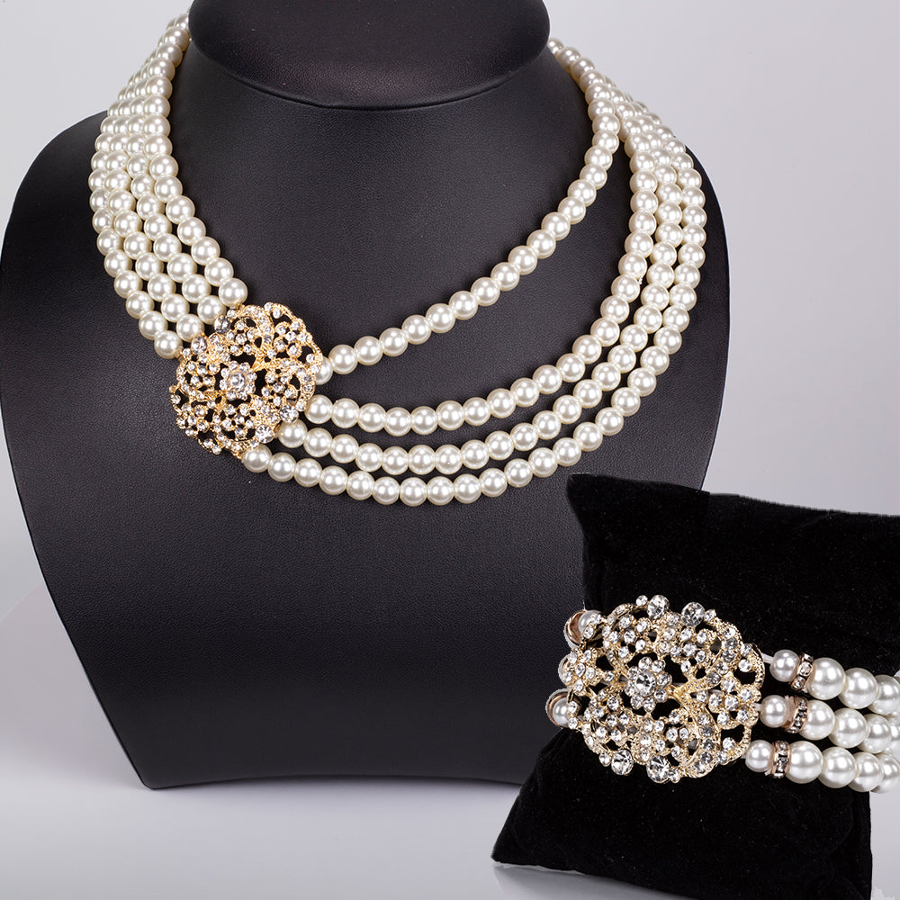 Set din Aliaj Placat cu Aur ( 210 grame ) cu Perlă de cristal și Cristal Alb Emporia® 977.3 Carate ( Colier+Brățară )