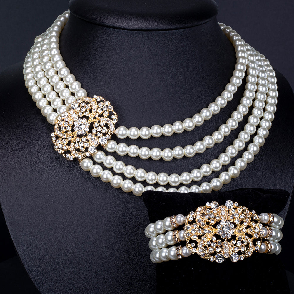 Set din Aliaj Placat cu Aur ( 210 grame ) cu Perlă de cristal și Cristal Alb Emporia® 977.3 Carate ( Colier+Brățară ) 6 