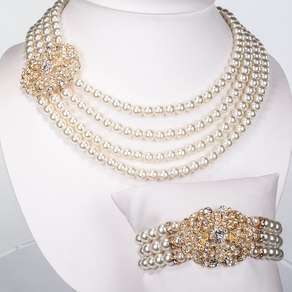 Set din Aliaj Placat cu Aur ( 210 grame ) cu Perlă de cristal și Cristal Alb Emporia® 977.3 Carate ( Colier+Brățară ) 8 