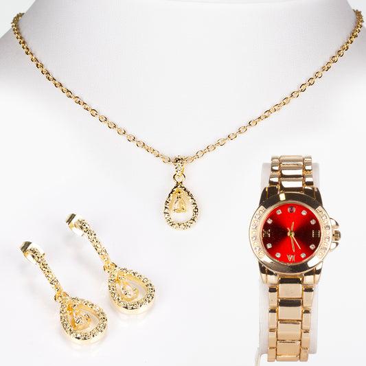 Ceas din Aliaj Placat cu Aur ( 62 grame ) cu Rubin și Cristal Alb Emporia® 0.92 Carate ( Colier+Cercei+Pandantiv )