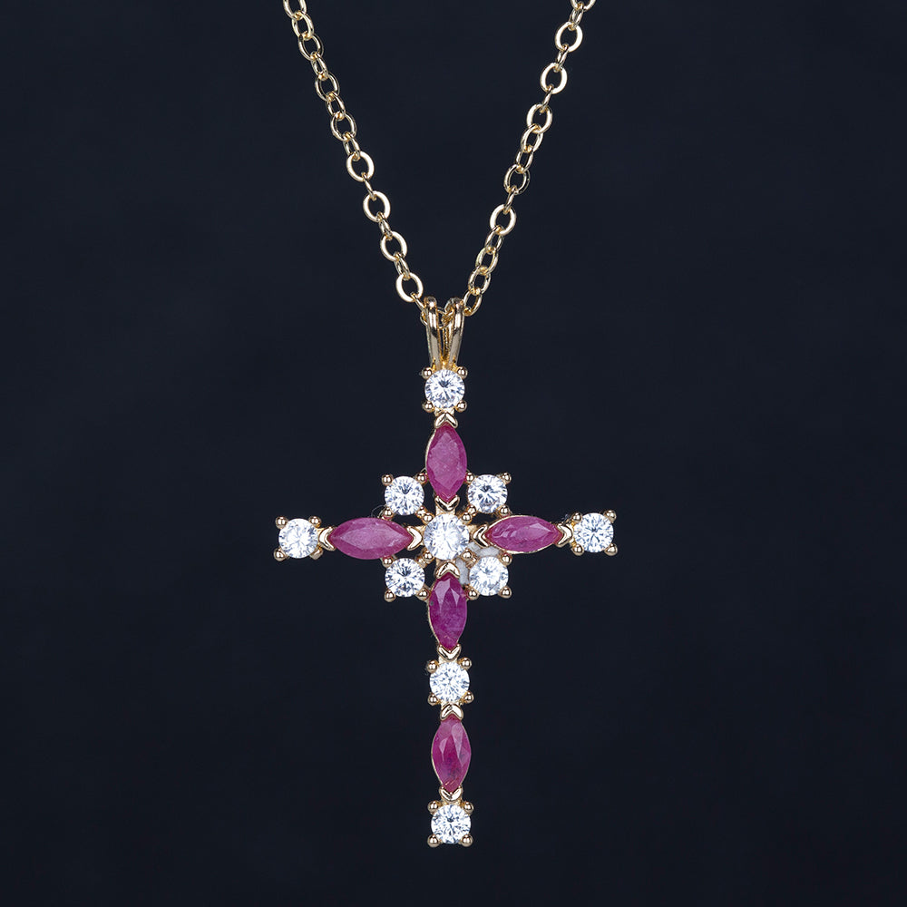 Cruce Colier din Aliaj Placat cu Aur ( 8 grame ) cu Rubin și Cristal Alb Emporia® 2.29 Carate ( Colier+Pandantiv ) 2 