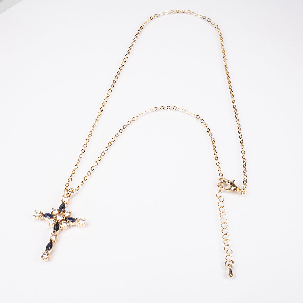 Cruce Colier din Aliaj Placat cu Aur ( 8 grame ) cu Safir și Cristal Alb Emporia® 2.29 Carate ( Colier+Pandantiv ) 3 