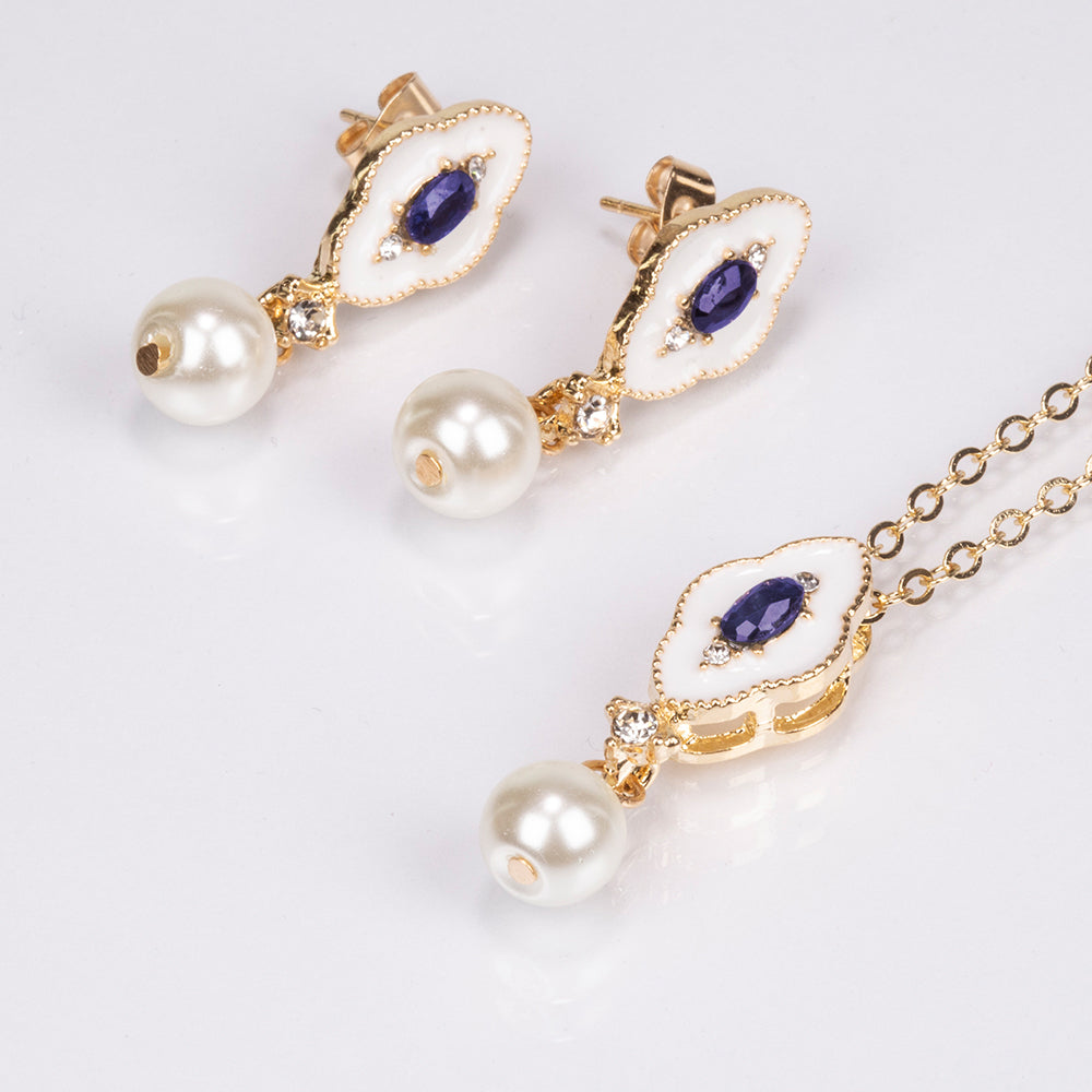 Set din Aliaj Placat cu Aur ( 10 grame ) cu Safir și Perlă de cristal 1.68 Carate ( Colier+Cercei+Pandantiv ) 1 