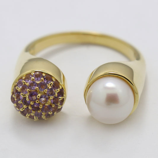 Inel din Argint 925 Placat cu Aur ( 5.18 grame ) cu Perlă de Apă Dulce Albă și Ametist 3.91 Carate