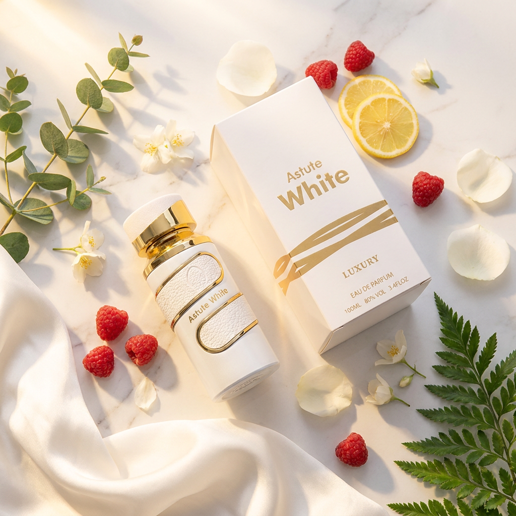 100 ml Eau de Perfume Oriental ASTUTE WHITE (TOP: RASPBERRY, LEMON, NEROLI; MIDDLE: ROSE, JASMINE; BASE: VANILLA, MUSK, AMBERWOOD)