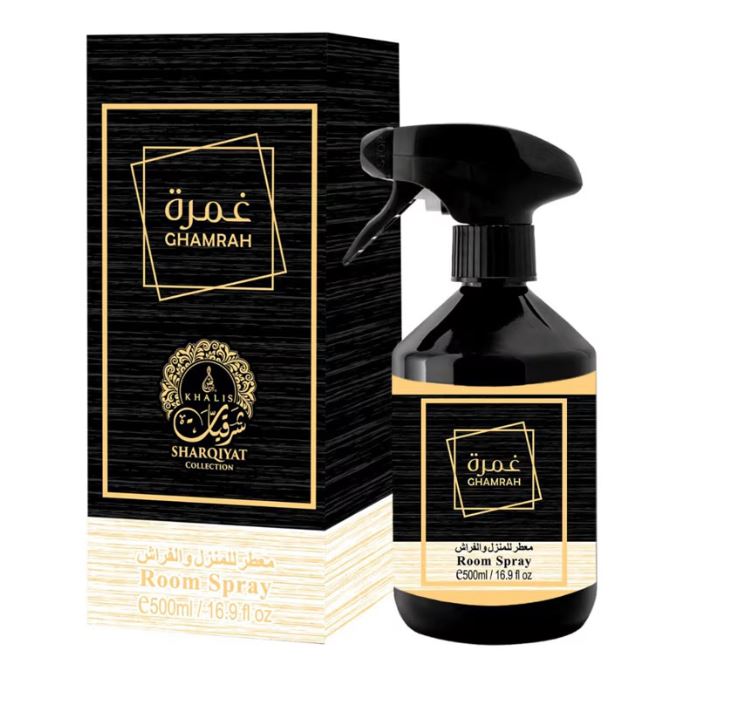 Room Spray GHAMRAH 500 ML (TOP: BERGAMOT, ORANGE, HAZELNUT; MIDDLE: SAFFRON, CINNAMON, CLOBE; BASE: MUSK, AMBER GREY, VANILLA, TONKA BEAN) 1 