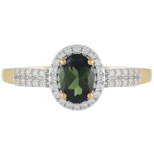 Inel din Argint 925 Placat cu Aur ( 1.92 grame ) cu Turmalină Verde și Zircon Natural 1.14 Carate