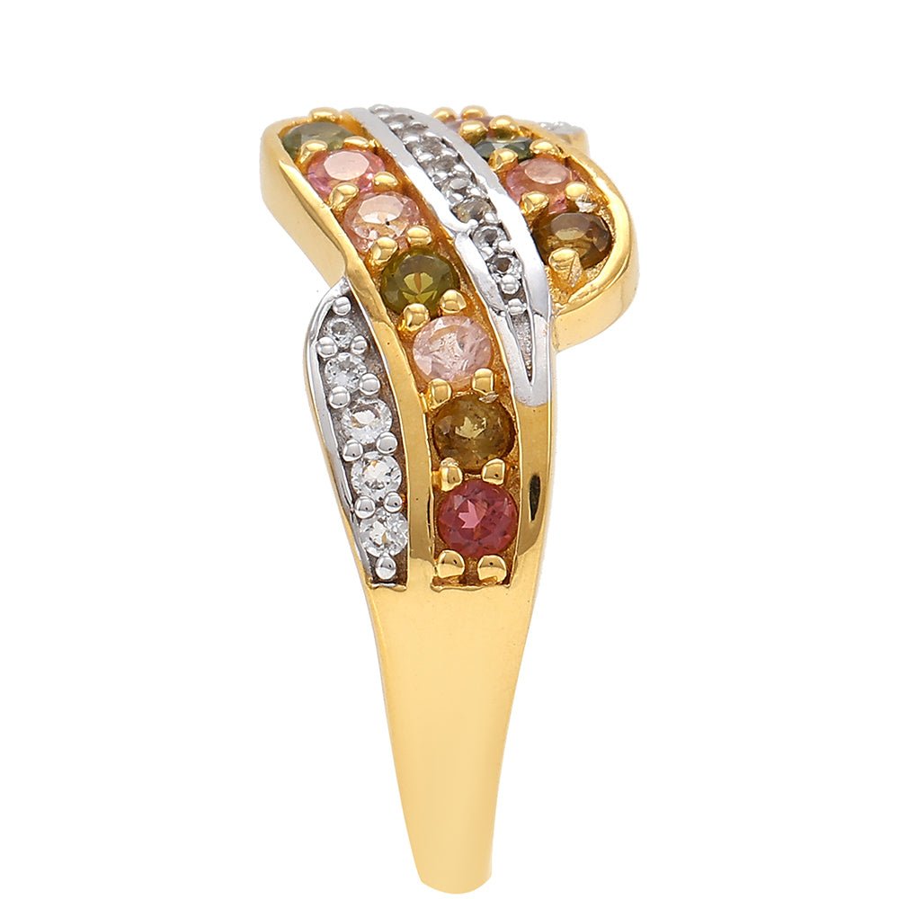 Inel din Argint 925 Placat cu Aur ( 3.24 grame ) cu Turmalină Curcubeu Pelmadulla și Topaz Alb 0.64 Carate 3 