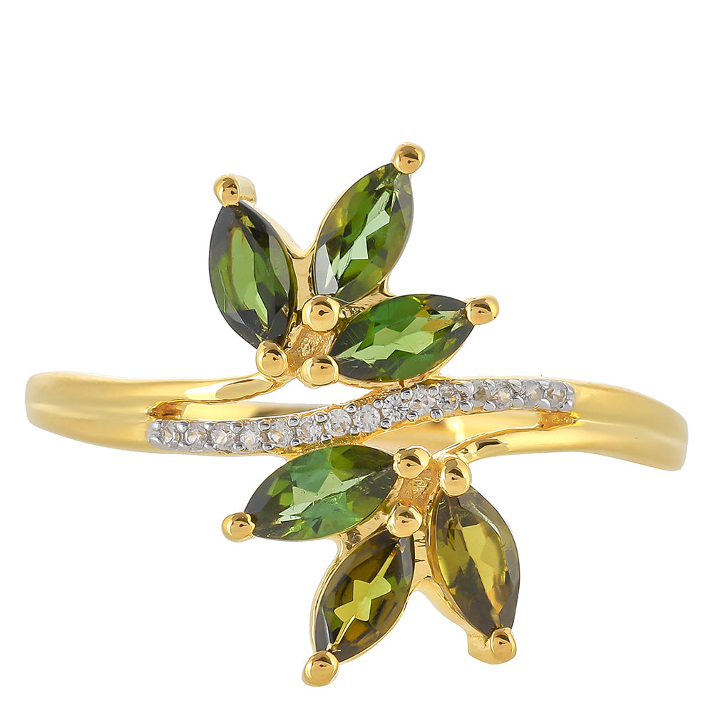 Inel din Argint 925 Placat cu Aur ( 1.86 grame ) cu Turmalină Verde și Zircon Natural 0.92 Carate