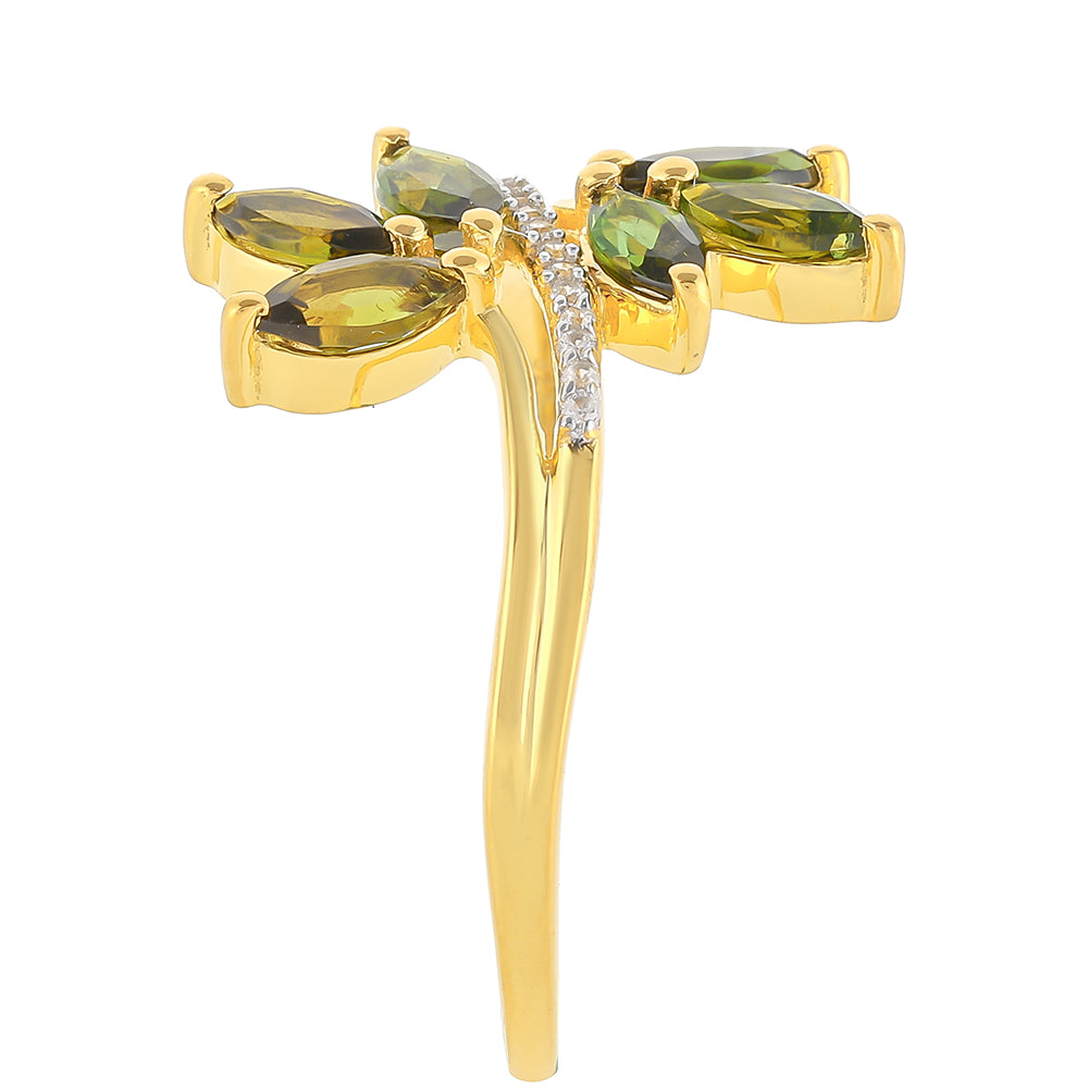 Inel din Argint 925 Placat cu Aur ( 1.86 grame ) cu Turmalină Verde și Zircon Natural 0.92 Carate