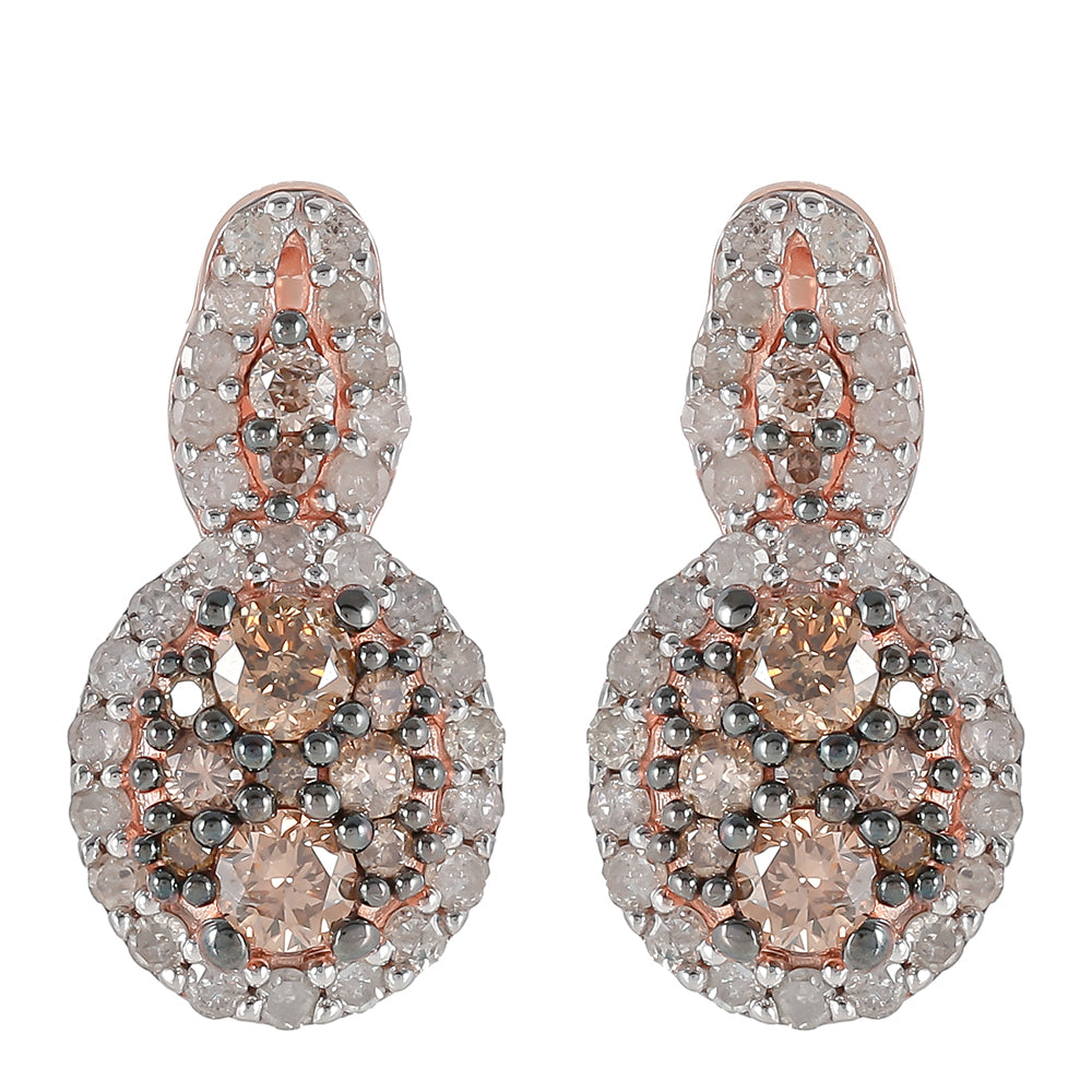 Cercei din Argint 925 Placat cu Aur Roz ( 3.11 grame ) cu Diamant de culoarea Șampaniei și Diamant Alb 0.82 Carate 1 