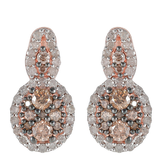 Cercei din Argint 925 Placat cu Aur Roz ( 3.11 grame ) cu Diamant de culoarea Șampaniei și Diamant Alb 0.82 Carate