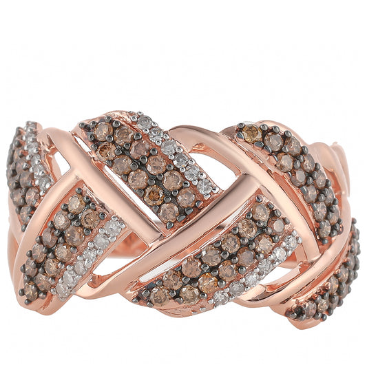 Inel din Argint 925 Placat cu Aur Roz ( 4.69 grame ) cu Diamant de culoarea Șampaniei și Diamant Alb 0.72 Carate