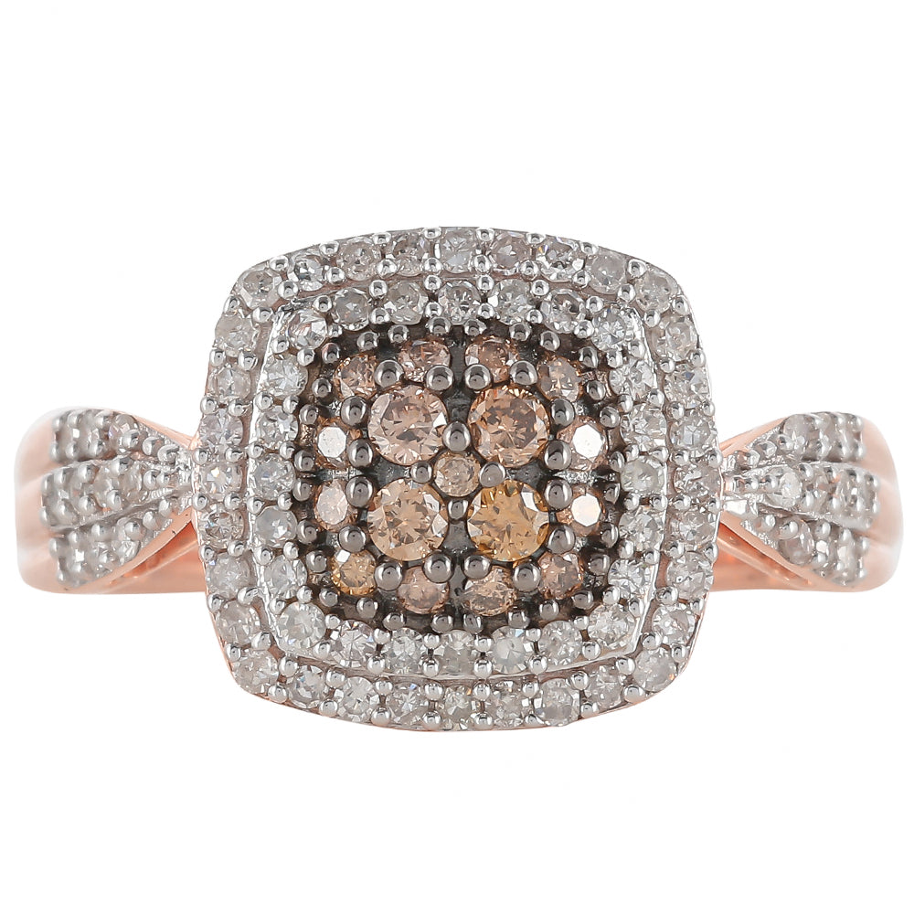 Inel din Argint 925 Placat cu Aur Roz ( 3.46 grame ) cu Diamant de culoarea Șampaniei și Diamant Alb 0.61 Carate 1 