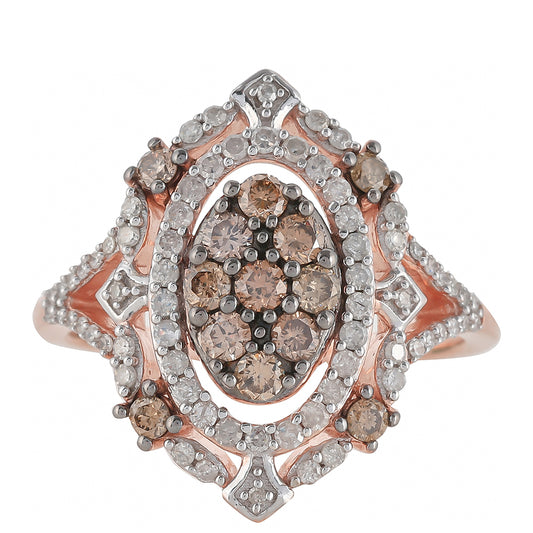 Inel din Argint 925 Placat cu Aur Roz ( 3.79 grame ) cu Diamant de culoarea Șampaniei și Diamant Alb 0.86 Carate