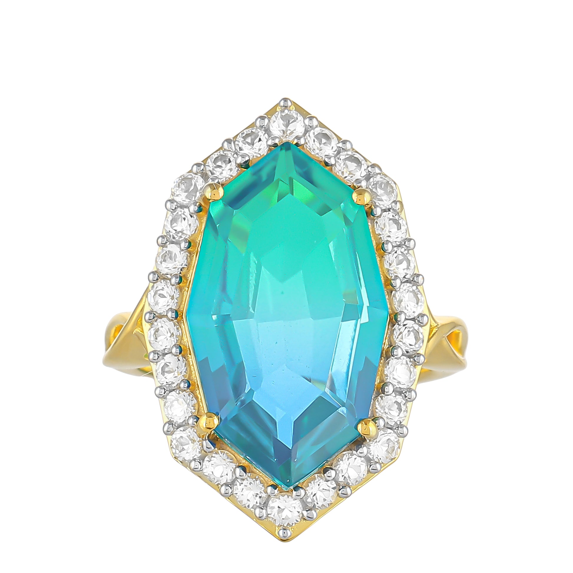 Inel din Argint 925 Placat cu Aur ( 3.97 grame ) cu Cuarț Păun și Topaz Alb 10.09 Carate 1 