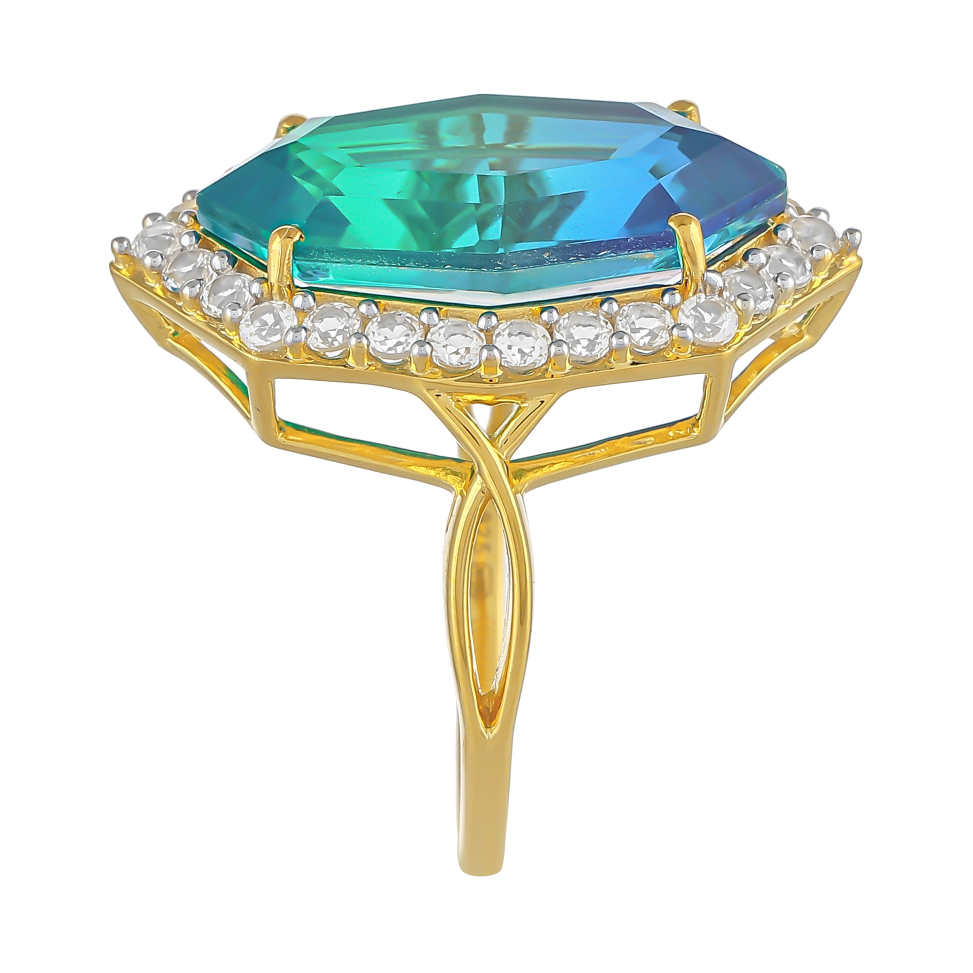 Inel din Argint 925 Placat cu Aur ( 3.97 grame ) cu Cuarț Păun și Topaz Alb 10.09 Carate 3 