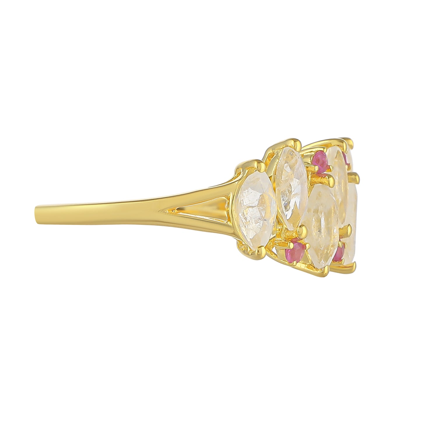Inel din Argint 925 Placat cu Aur ( 1.97 grame ) cu Piatra Lunii Curcubeu și Rubin Thailandez 1.77 Carate