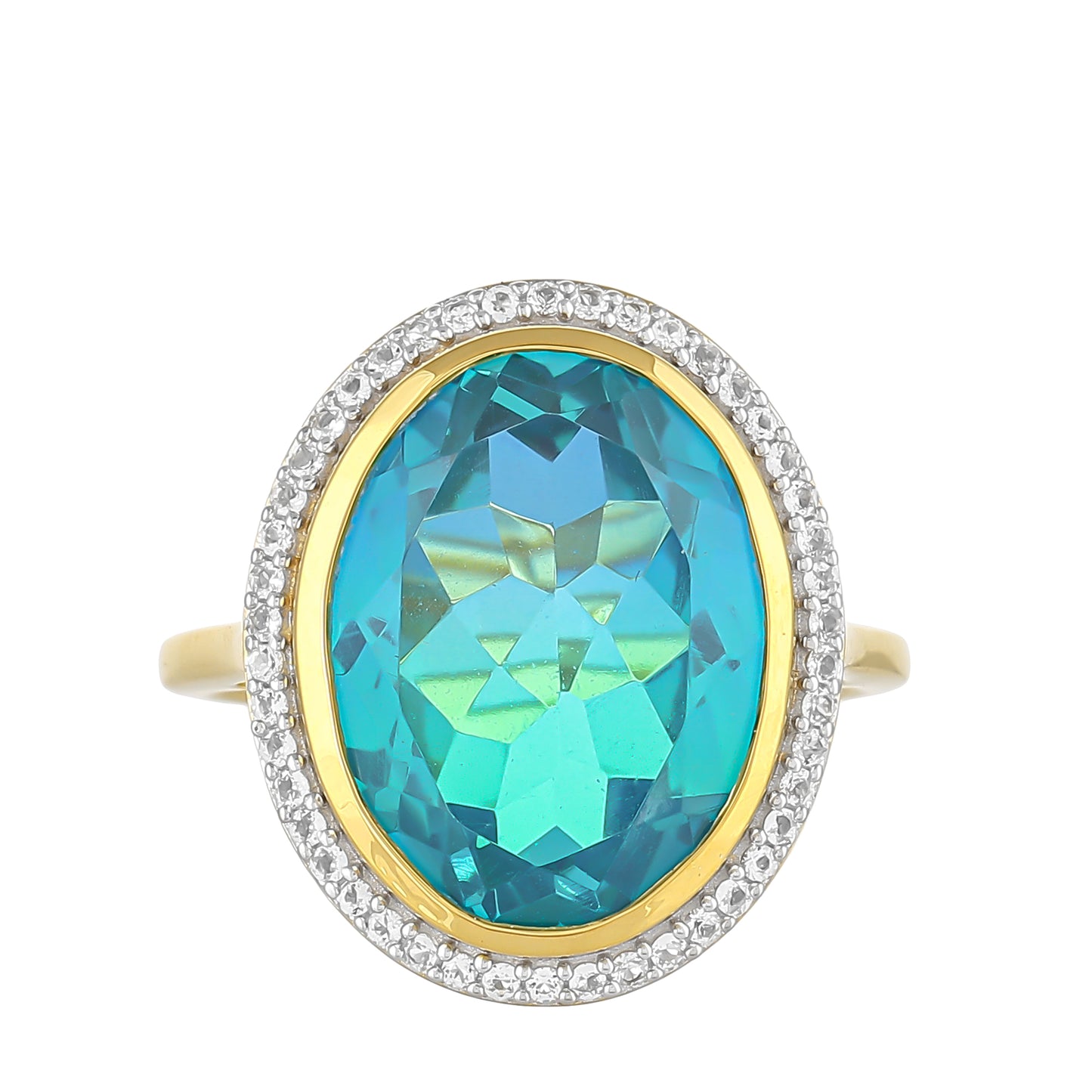 Inel din Argint 925 Placat cu Aur ( 3.49 grame ) cu Cuarț Păun și Topaz Alb 9.58 Carate