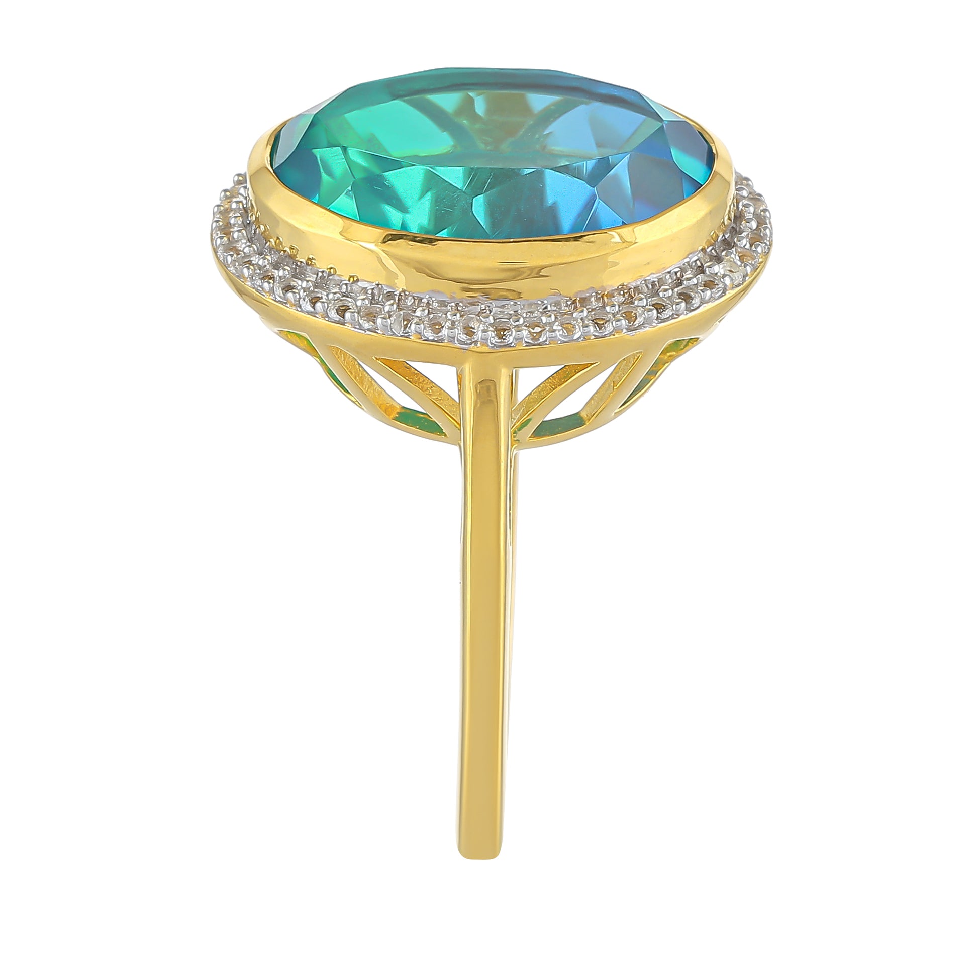 Inel din Argint 925 Placat cu Aur ( 3.49 grame ) cu Cuarț Păun și Topaz Alb 9.58 Carate 3 