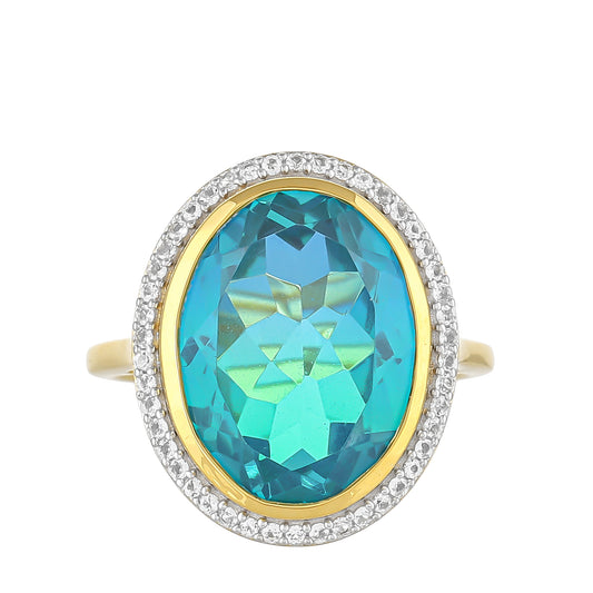 Inel din Argint 925 Placat cu Aur ( 3.49 grame ) cu Cuarț Păun și Topaz Alb 9.58 Carate
