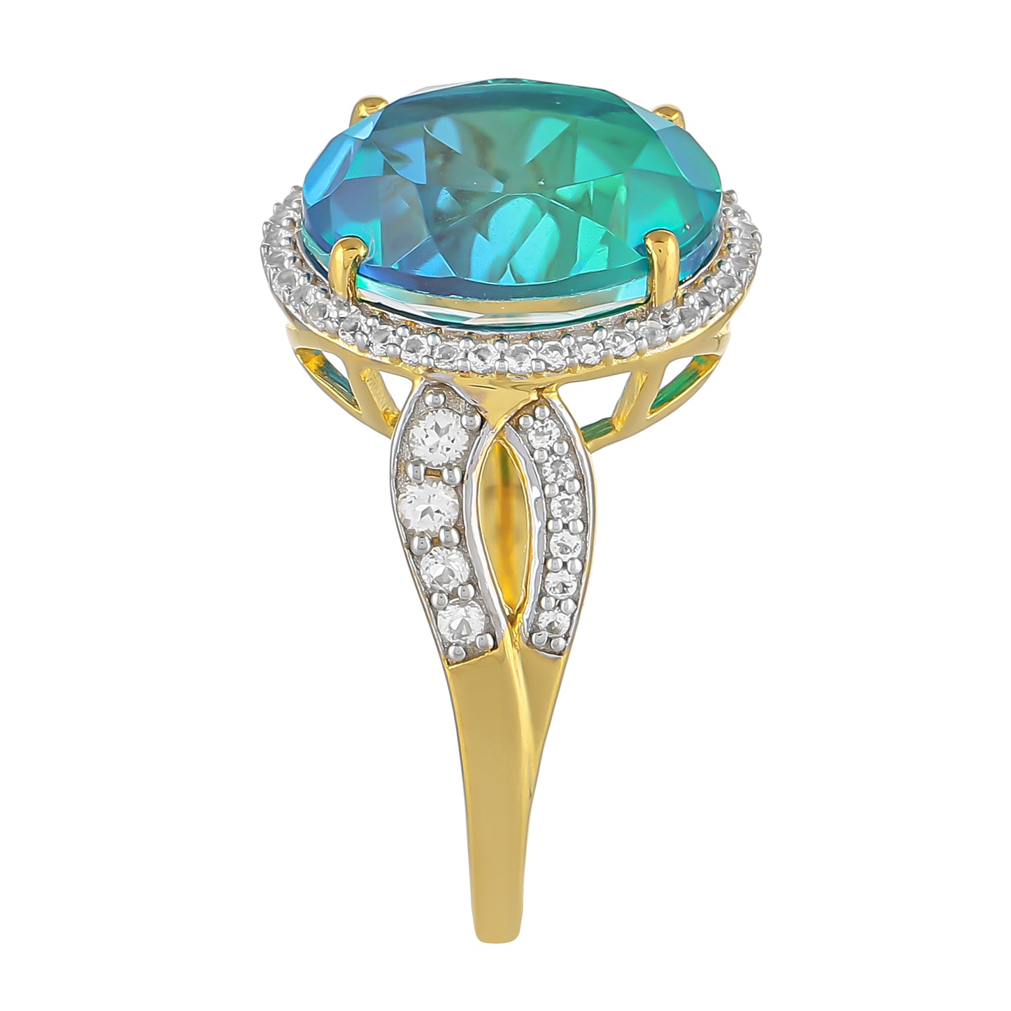 Inel din Argint 925 Placat cu Aur ( 2.89 grame ) cu Cuarț Păun și Topaz Alb 5.22 Carate