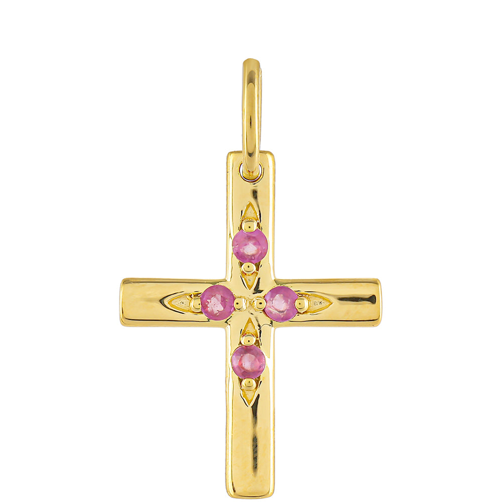 Cruce Set din Argint 925 Placat cu Aur ( 3.58 grame ) cu Rubin Thailandez și Smarald Brazilian 0.57 Carate ( Pandantiv ) 2 