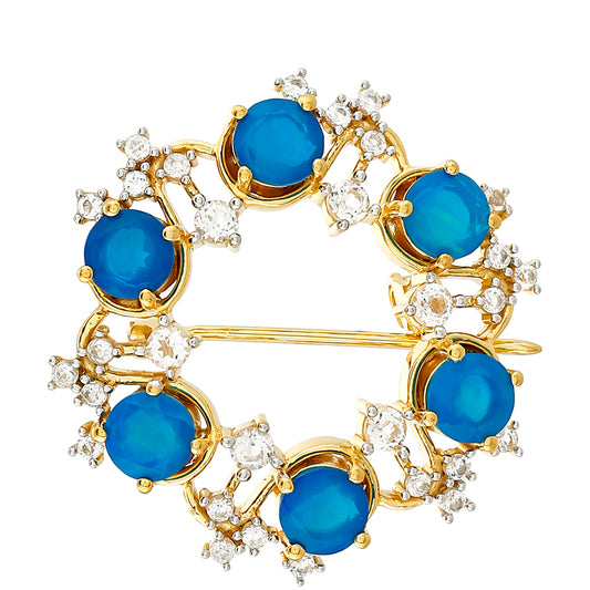 Broşă din Argint 925 Placat cu Aur ( 4.81 grame ) cu Opal Albastru Etiopian Paraiba și Topaz Alb 3.09 Carate