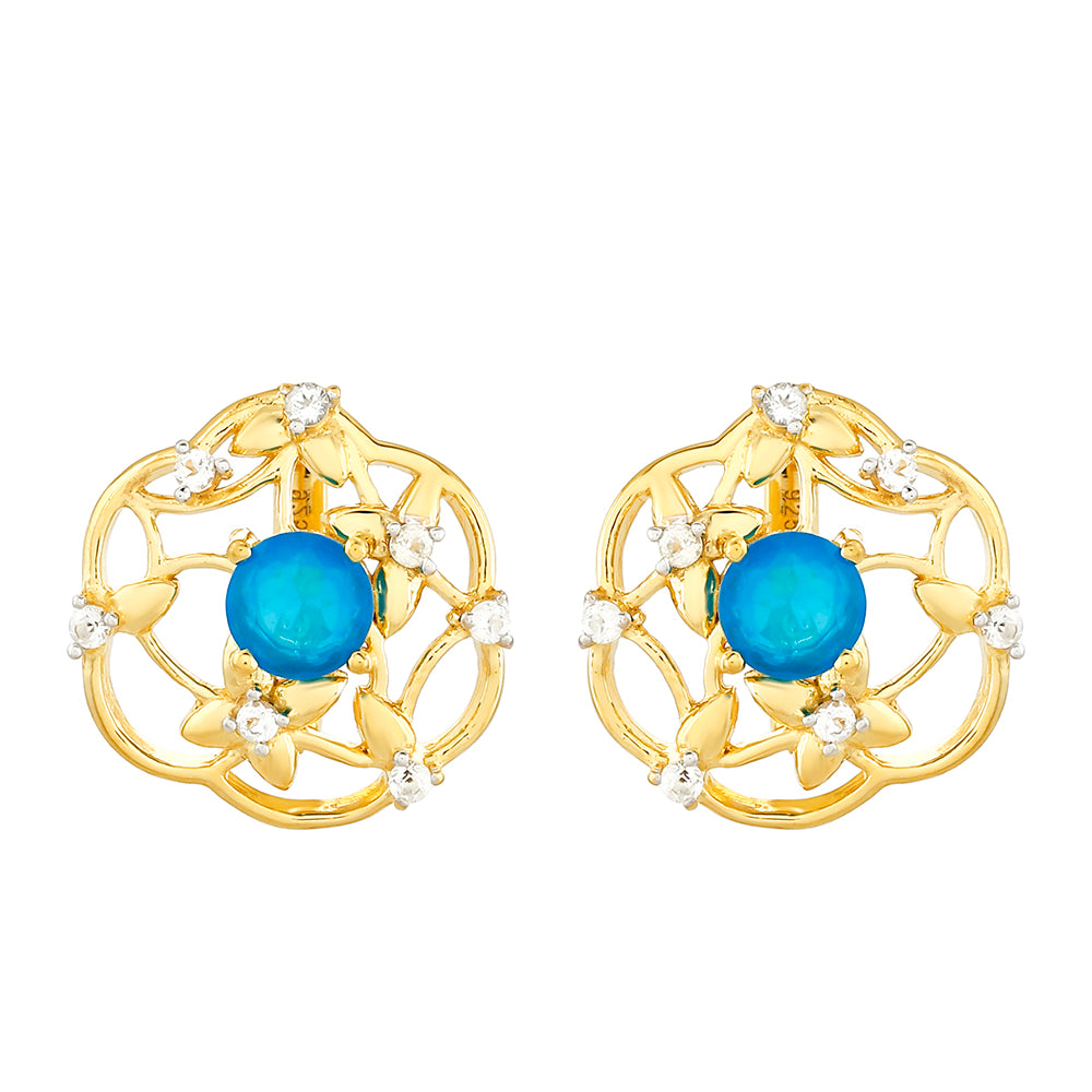 Cercei din Argint 925 Placat cu Aur ( 2.97 grame ) cu Opal Albastru Etiopian Paraiba și Topaz Alb 0.98 Carate