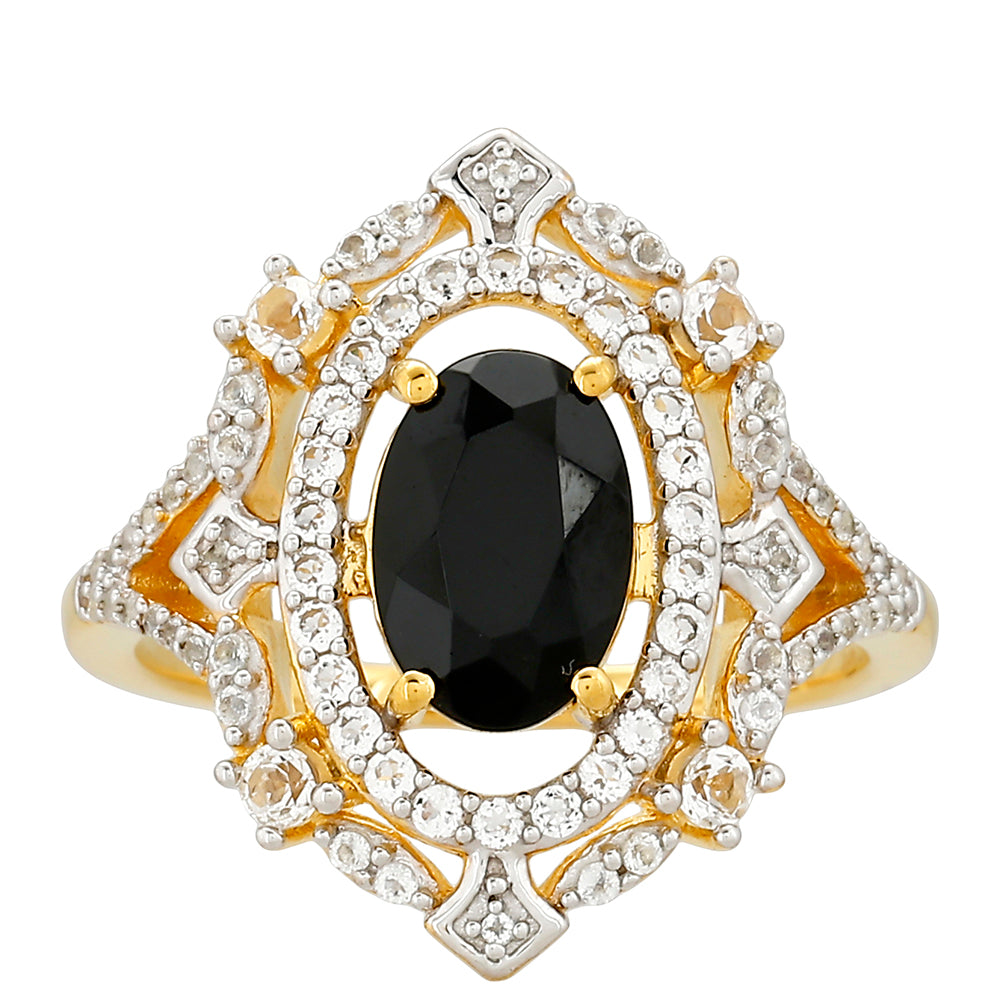 Inel din Argint 925 Placat cu Aur ( 3.48 grame ) cu Turmalină Neagră și Topaz Alb 2.07 Carate 1 