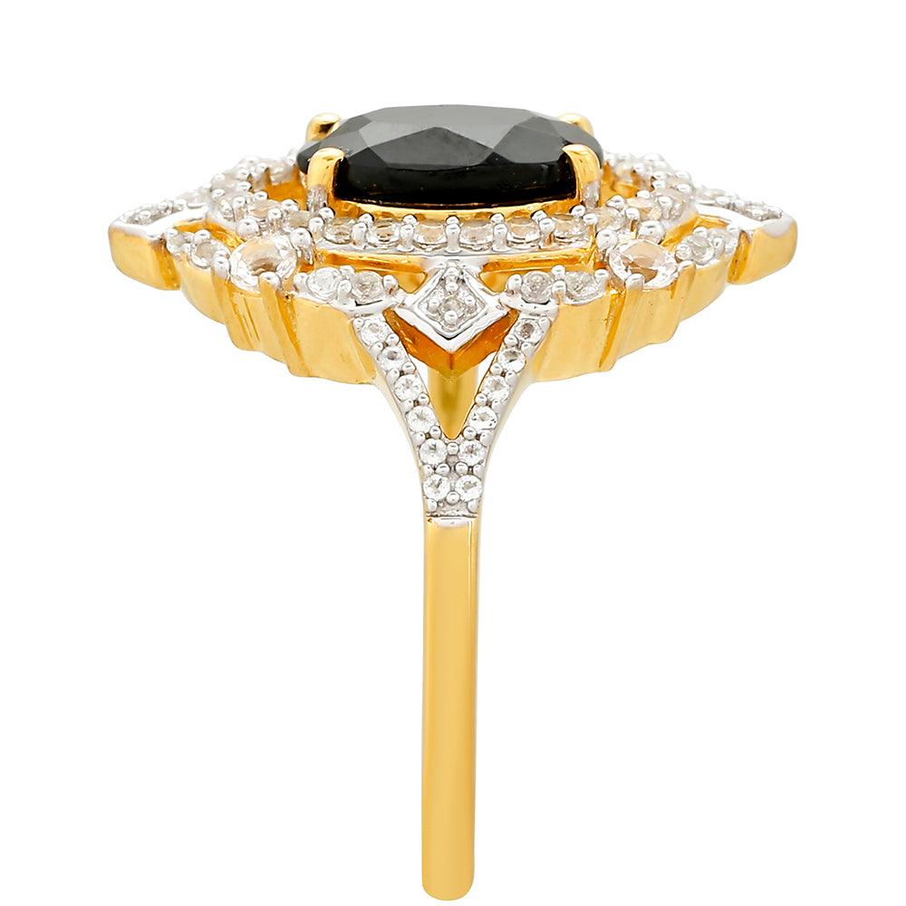 Inel din Argint 925 Placat cu Aur ( 3.48 grame ) cu Turmalină Neagră și Topaz Alb 2.07 Carate