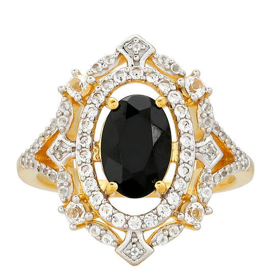 Inel din Argint 925 Placat cu Aur ( 3.48 grame ) cu Turmalină Neagră și Topaz Alb 2.07 Carate