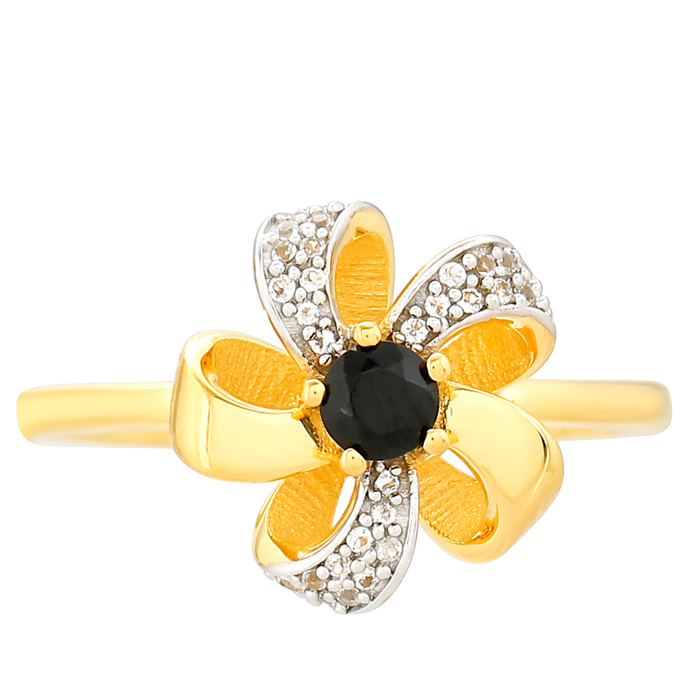 Inel din Argint 925 Placat cu Aur ( 2.58 grame ) cu Turmalină Neagră și Topaz Alb 0.31 Carate 1 