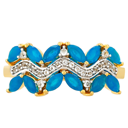 Inel din Argint 925 Placat cu Aur ( 2.52 grame ) cu Opal Albastru Etiopian Paraiba și Topaz Alb 1.09 Carate