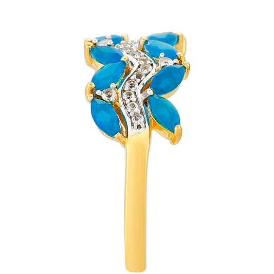 Inel din Argint 925 Placat cu Aur ( 2.52 grame ) cu Opal Albastru Etiopian Paraiba și Topaz Alb 1.09 Carate