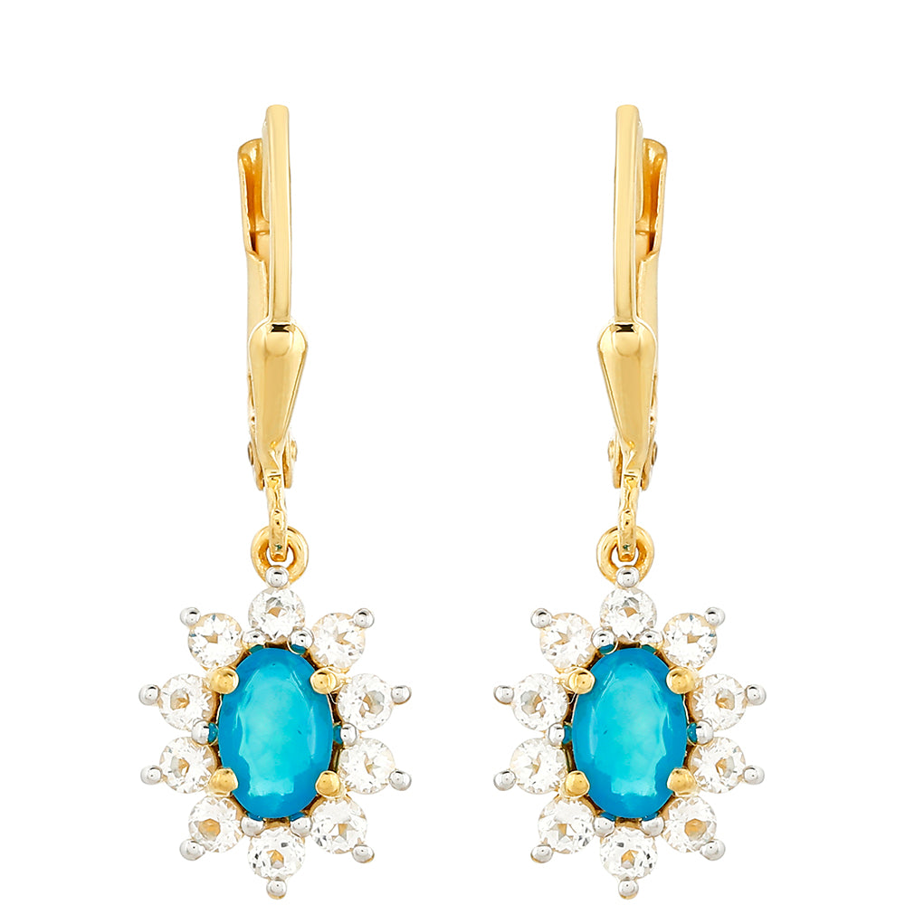 Cercei din Argint 925 Placat cu Aur ( 2.22 grame ) cu Opal Albastru Etiopian Paraiba și Topaz Alb 1.45 Carate