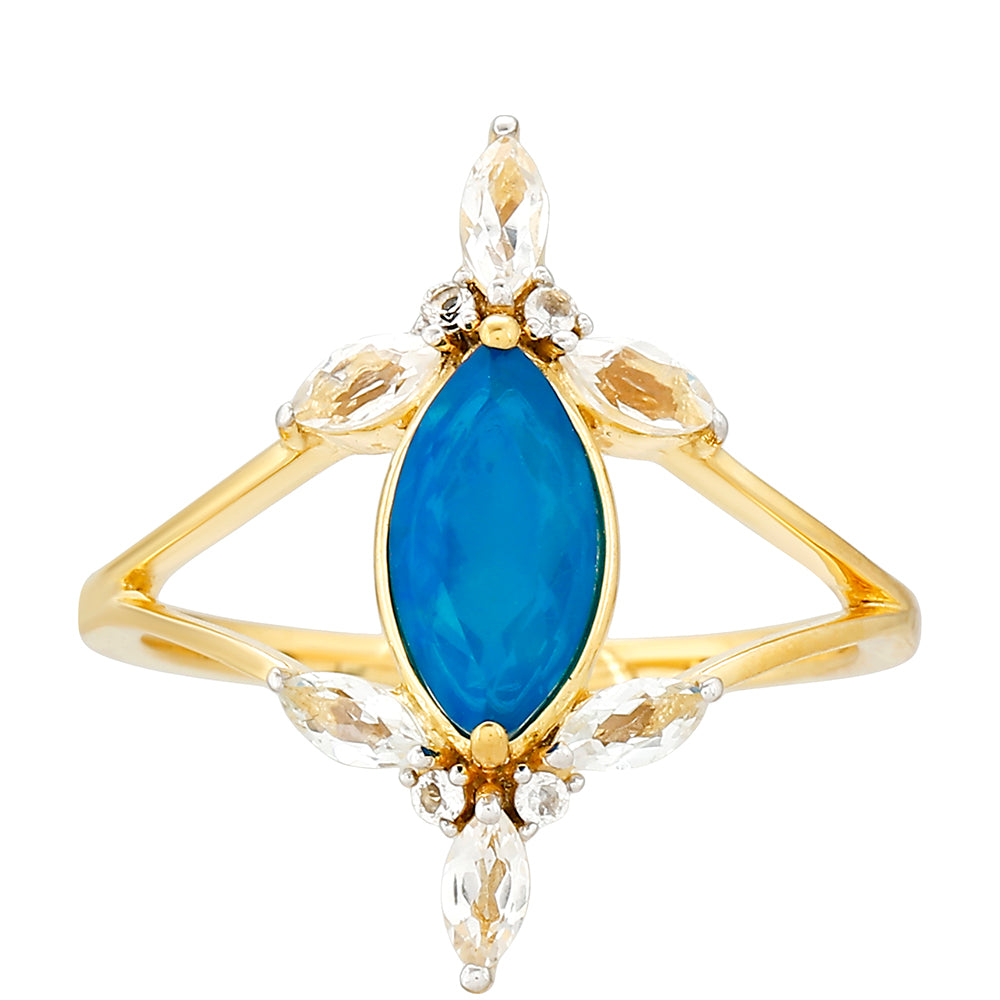 Inel din Argint 925 Placat cu Aur ( 2.32 grame ) cu Opal Albastru Etiopian Paraiba și Topaz Alb 1.24 Carate 1 