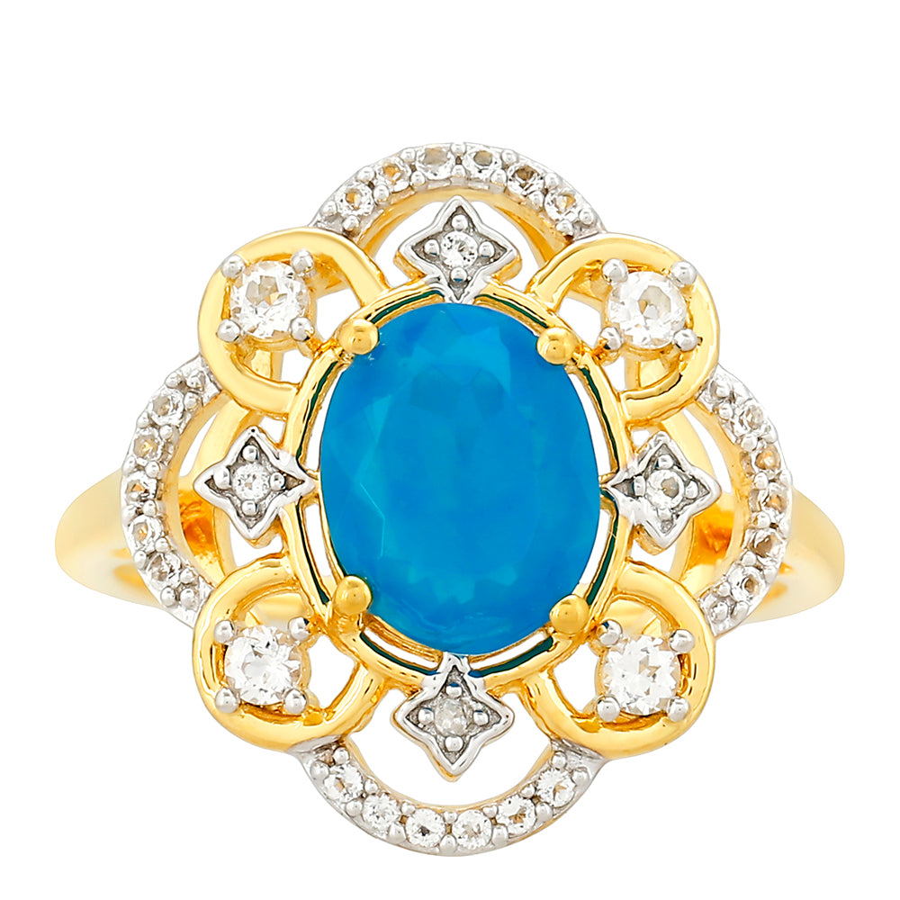 Inel din Argint 925 Placat cu Aur ( 2.78 grame ) cu Opal Albastru Etiopian Paraiba și Topaz Alb 1.29 Carate 1 