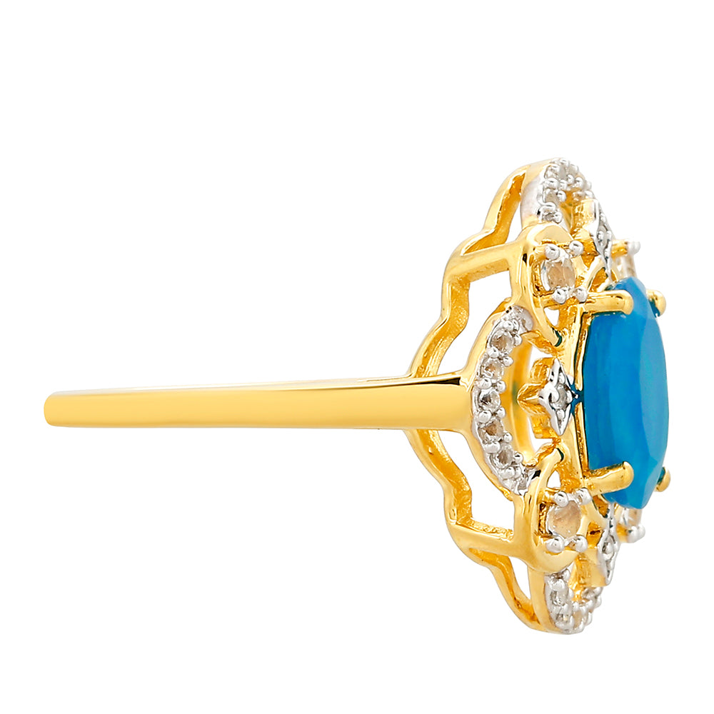 Inel din Argint 925 Placat cu Aur ( 2.78 grame ) cu Opal Albastru Etiopian Paraiba și Topaz Alb 1.29 Carate 2 