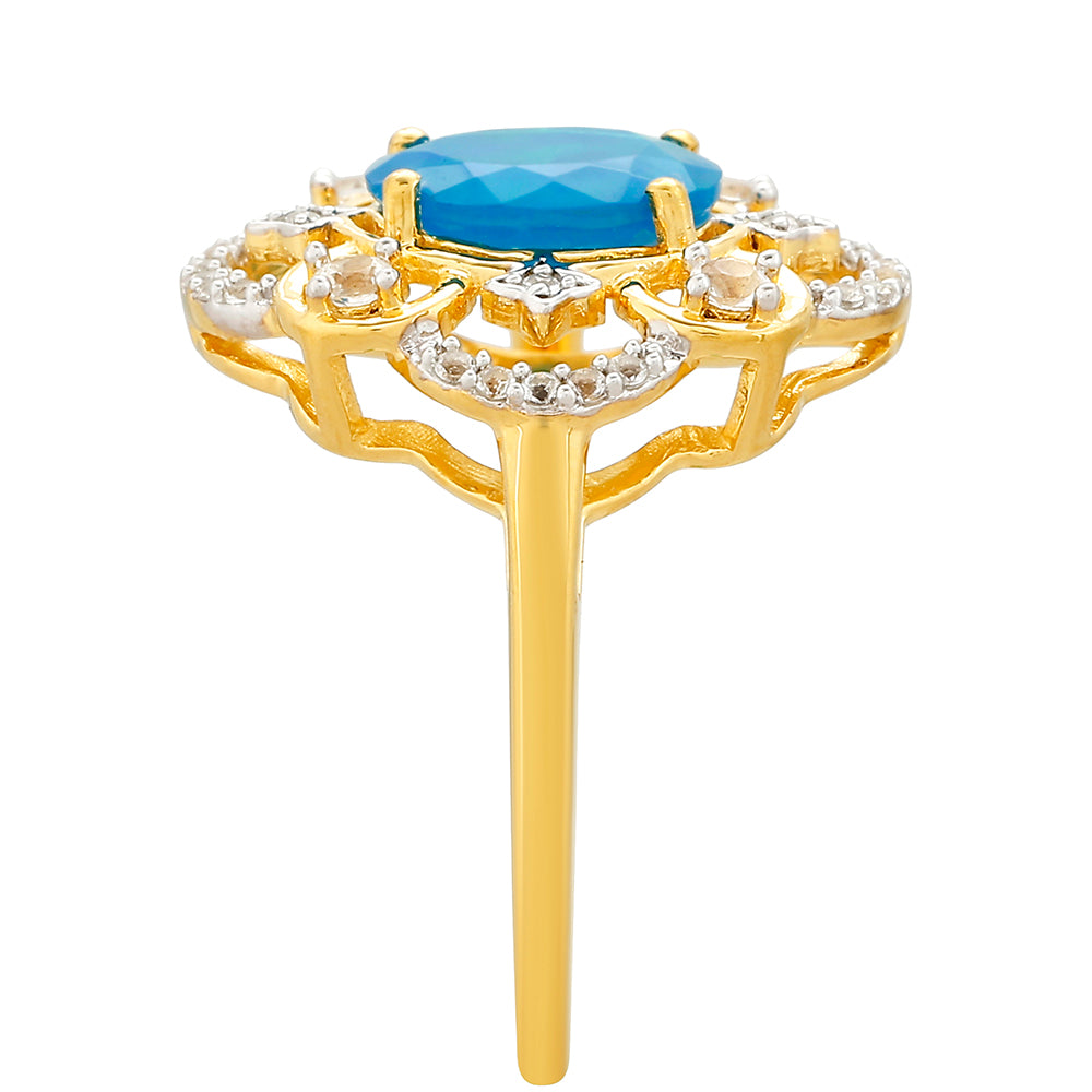 Inel din Argint 925 Placat cu Aur ( 2.78 grame ) cu Opal Albastru Etiopian Paraiba și Topaz Alb 1.29 Carate 3 