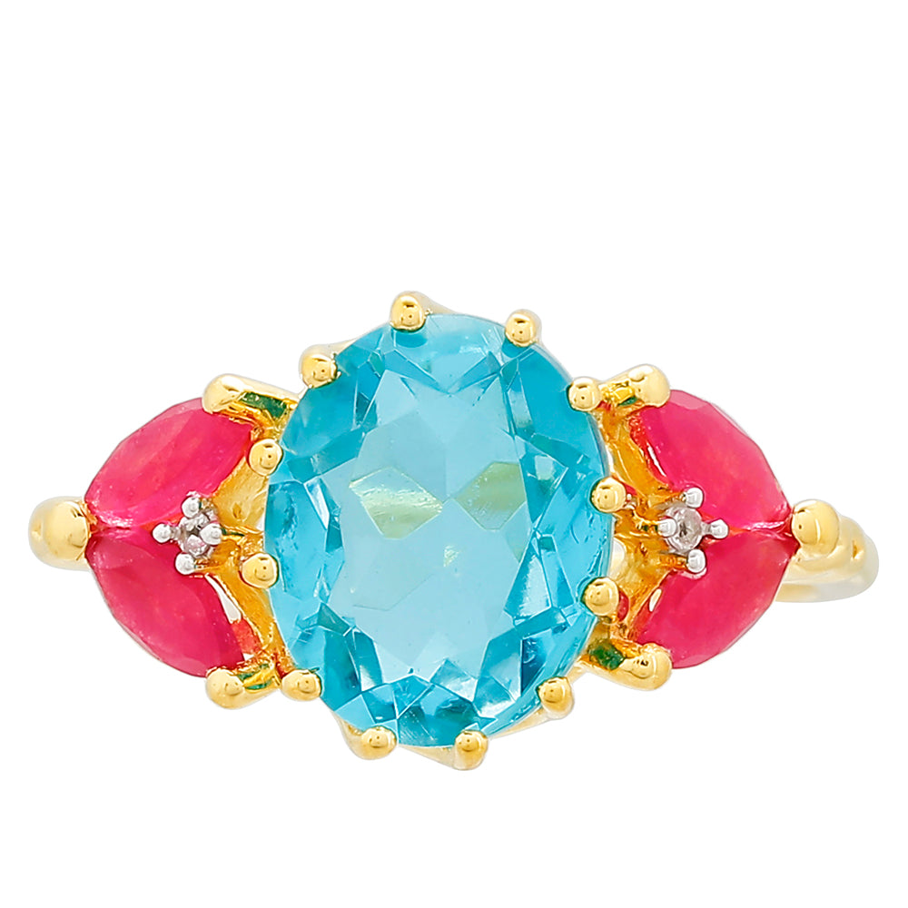 Inel din Argint 925 Placat cu Aur ( 1.98 grame ) cu Cuarț Paraiba și Cuarț Roșu 3.25 Carate 1 