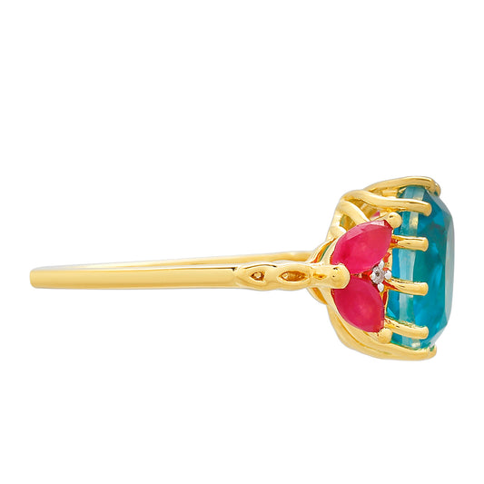 Inel din Argint 925 Placat cu Aur ( 1.98 grame ) cu Cuarț Paraiba și Cuarț Roșu 3.25 Carate