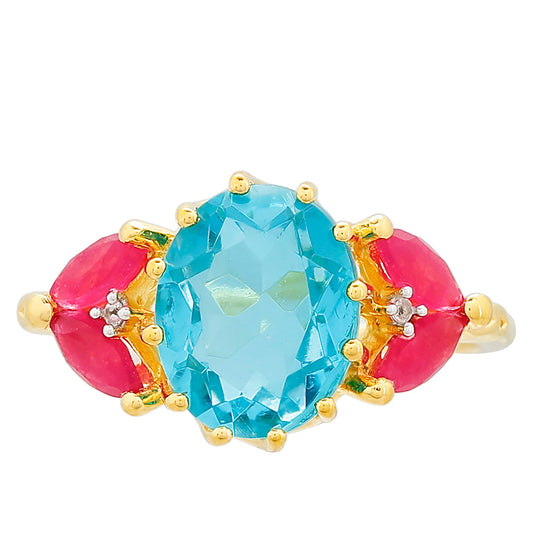 Inel din Argint 925 Placat cu Aur ( 1.98 grame ) cu Cuarț Paraiba și Cuarț Roșu 3.25 Carate