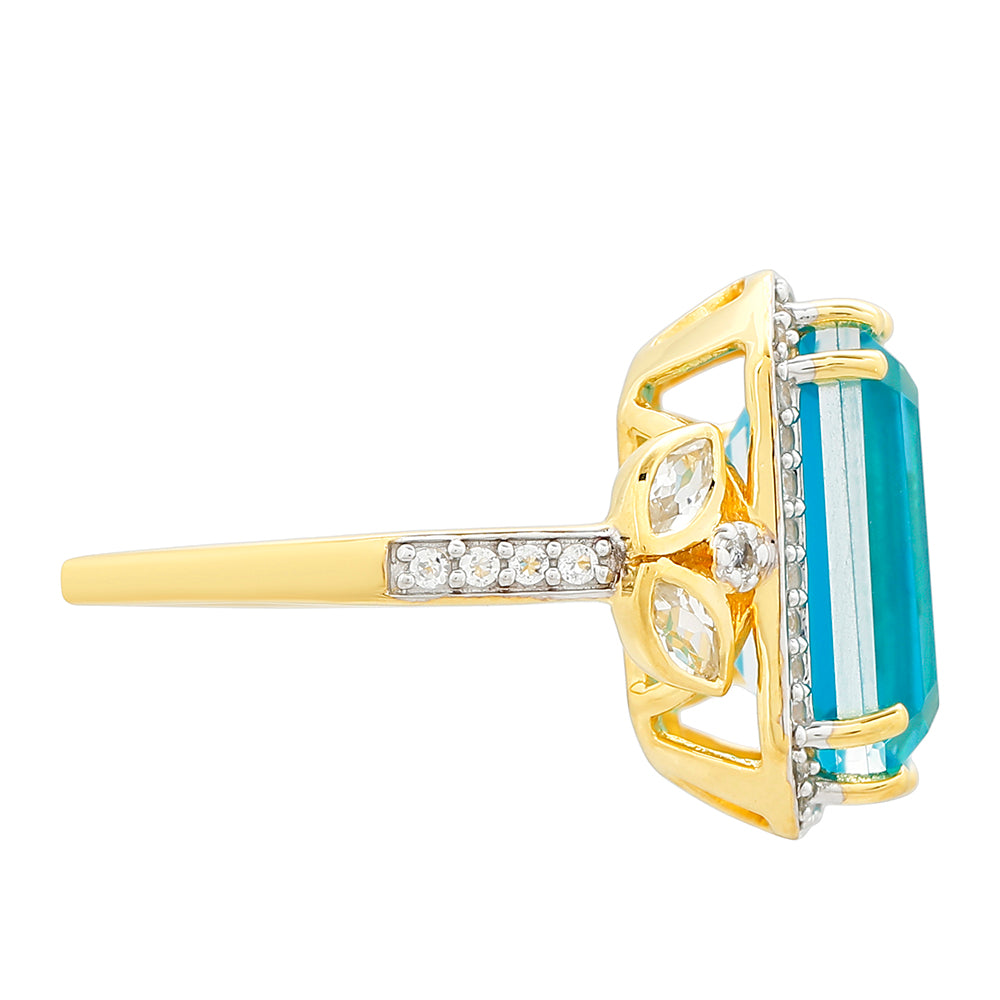 Inel din Argint 925 Placat cu Aur ( 3.78 grame ) cu Cuarț Paraiba și Topaz Alb 8.3 Carate 2 