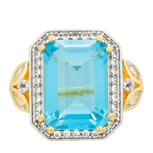 Inel din Argint 925 Placat cu Aur ( 3.78 grame ) cu Cuarț Paraiba și Topaz Alb 8.3 Carate