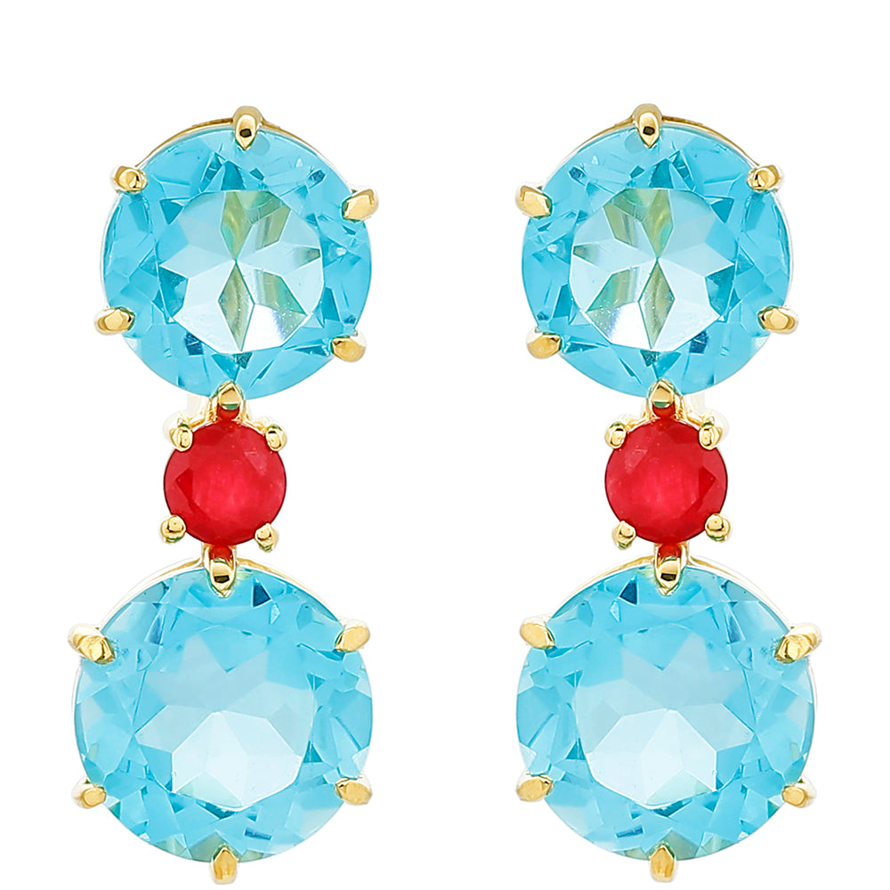 Cercei din Argint 925 Placat cu Aur ( 3.43 grame ) cu Cuarț Paraiba și Cuarț Roșu 14.07 Carate