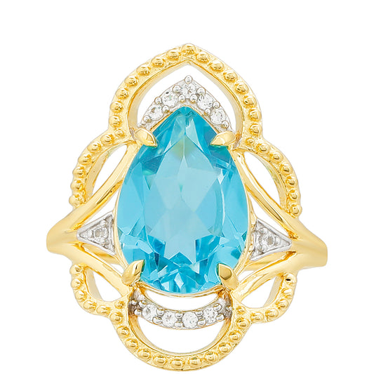 Inel din Argint 925 Placat cu Aur ( 3.41 grame ) cu Cuarț Paraiba și Topaz Alb 4.31 Carate