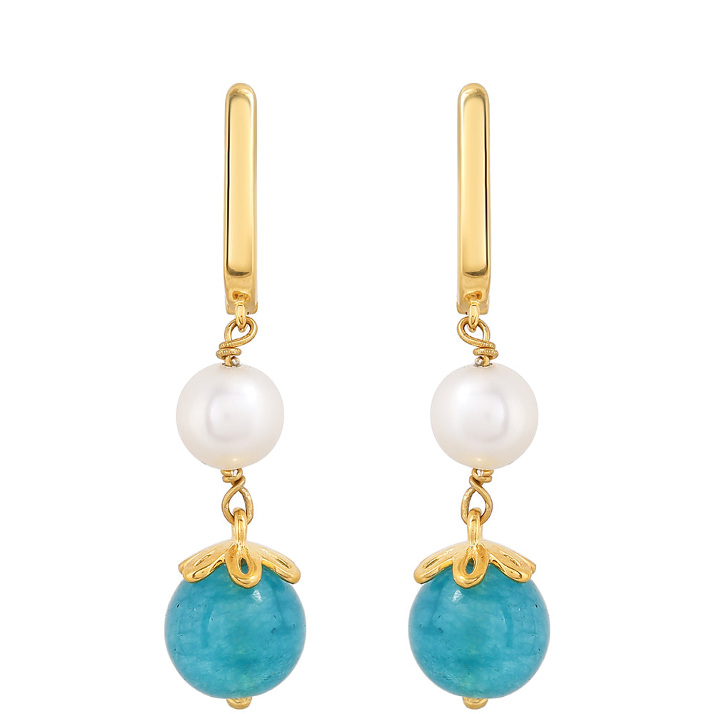 Cercei din Argint 925 Placat cu Aur ( 2.17 grame ) cu Cuarț Paraiba și Perlă de Apă Dulce Albă 10.61 Carate