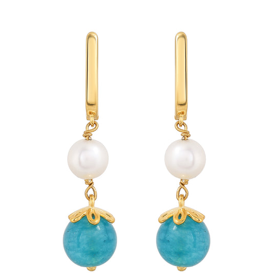 Cercei din Argint 925 Placat cu Aur ( 2.17 grame ) cu Cuarț Paraiba și Perlă de Apă Dulce Albă 10.61 Carate